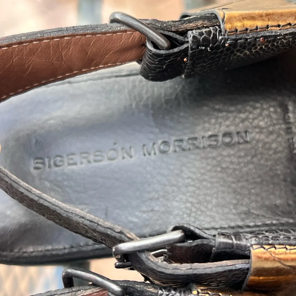 Sigerson Morrison Black and Gold Sandals with Ankle Strap - Picture 5 of 8